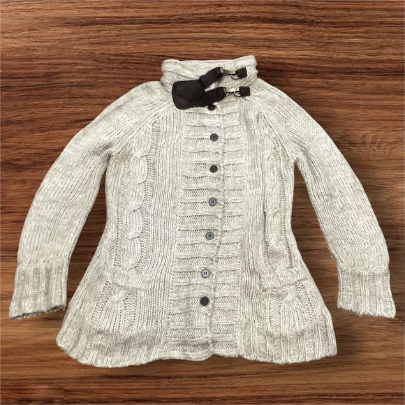 Soft Surroundings Sweaters - Soft Surroundings Petite Oatmeal Cable Knit Buckle Neck Cardigan Sweater PS